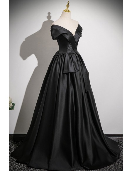 Pleated Vneck Long Black Satin Evening Dress