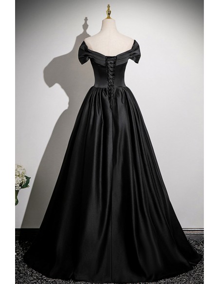Pleated Vneck Long Black Satin Evening Dress