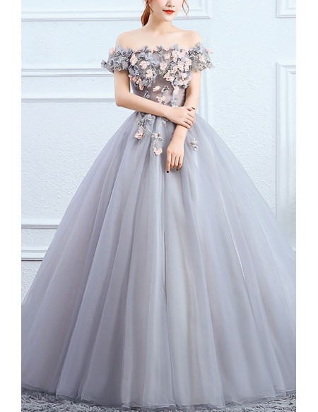 Off Shoulder Flowers Ballgown Tulle Prom Dress