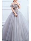 Off Shoulder Flowers Ballgown Tulle Prom Dress
