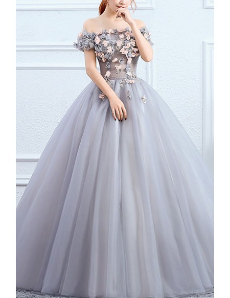 Off Shoulder Flowers Ballgown Tulle Prom Dress