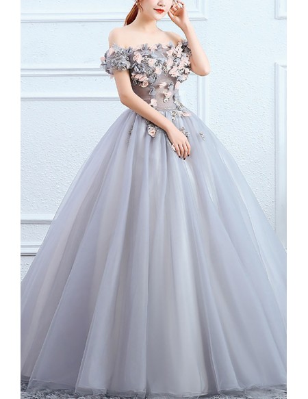 Off Shoulder Flowers Ballgown Tulle Prom Dress