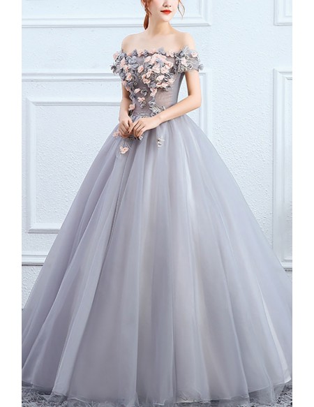 Off Shoulder Flowers Ballgown Tulle Prom Dress