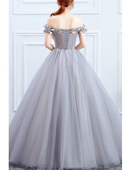 Off Shoulder Flowers Ballgown Tulle Prom Dress