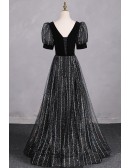 Special Bubble Sleeved Aline Long Black Prom Dress With Bling