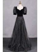 Special Bubble Sleeved Aline Long Black Prom Dress With Bling