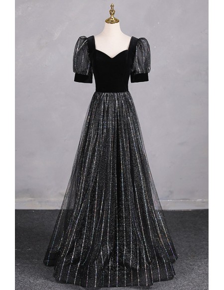Special Bubble Sleeved Aline Long Black Prom Dress With Bling