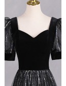 Special Bubble Sleeved Aline Long Black Prom Dress With Bling