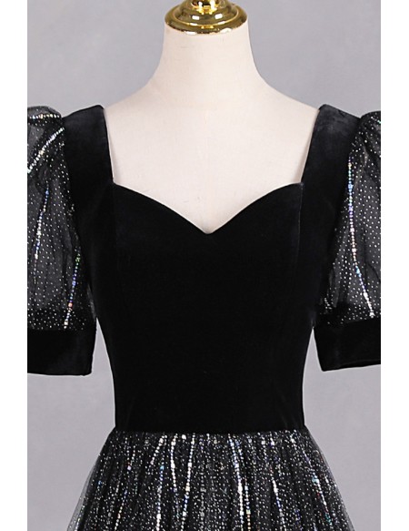 Special Bubble Sleeved Aline Long Black Prom Dress With Bling