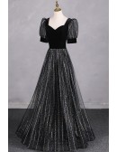 Special Bubble Sleeved Aline Long Black Prom Dress With Bling