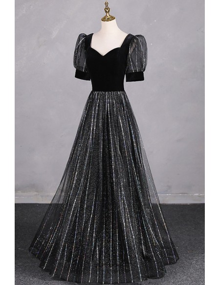 Special Bubble Sleeved Aline Long Black Prom Dress With Bling