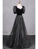 Special Bubble Sleeved Aline Long Black Prom Dress With Bling