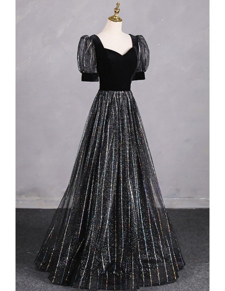 Special Bubble Sleeved Aline Long Black Prom Dress With Bling