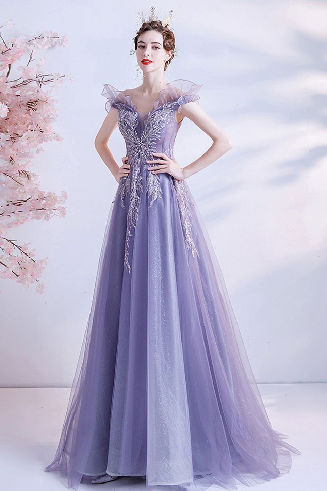 30195 Purple Halterneck Tulle Dress