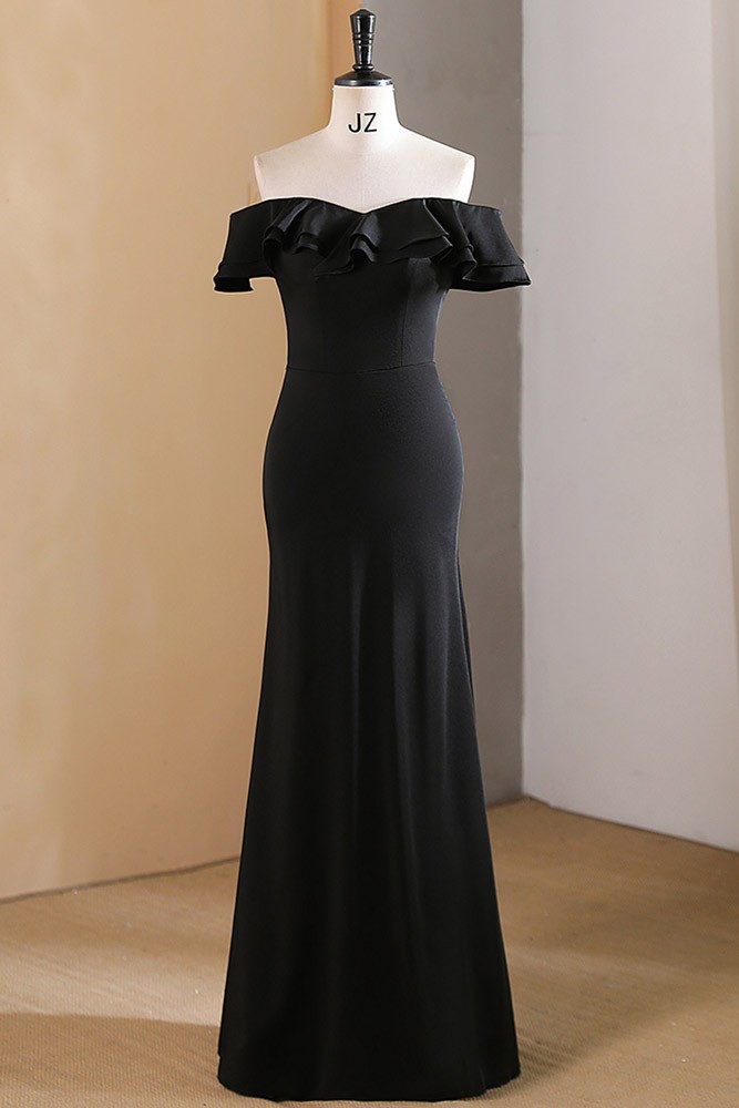 Modest Sheath Off The Shoulder Black Long Sleeves Backless Prom Dresses Long Evening Dress C2852 main image 1