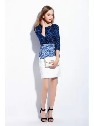 Blue and White Embroidery Short Dress 3/4 Sleeves
