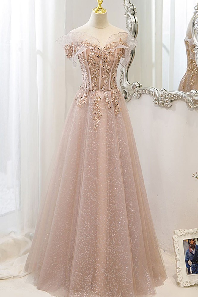 Charming Off the Shoulder Long Sleeves Tulle Long Prom Dresses Formal Dress with Side Slit, OL725