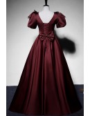 Elegant Vneck Satin Ruffled Long Prom Dress With Bubble Sleeves