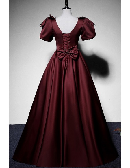 Elegant Vneck Satin Ruffled Long Prom Dress With Bubble Sleeves