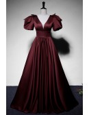 Elegant Vneck Satin Ruffled Long Prom Dress With Bubble Sleeves