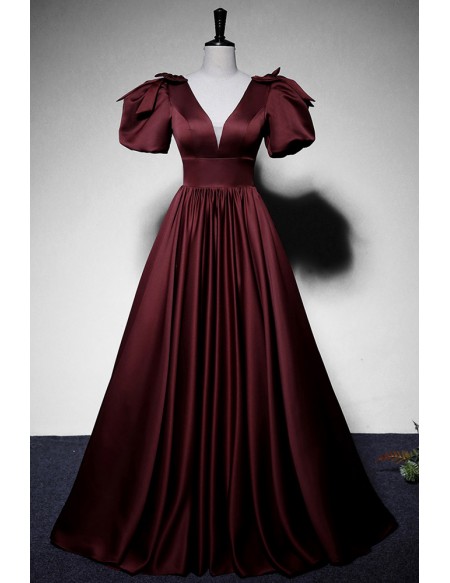 Elegant Vneck Satin Ruffled Long Prom Dress With Bubble Sleeves