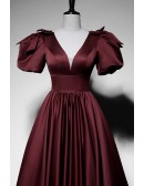 Elegant Vneck Satin Ruffled Long Prom Dress With Bubble Sleeves