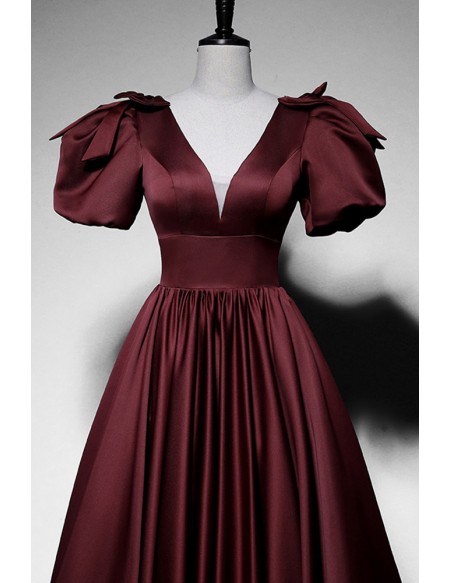 Elegant Vneck Satin Ruffled Long Prom Dress With Bubble Sleeves