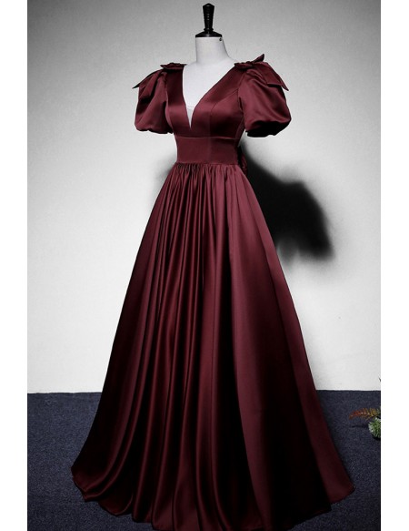 Elegant Vneck Satin Ruffled Long Prom Dress With Bubble Sleeves