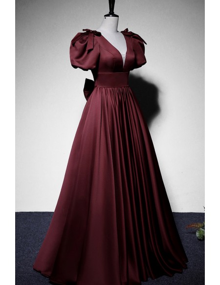 Elegant Vneck Satin Ruffled Long Prom Dress With Bubble Sleeves