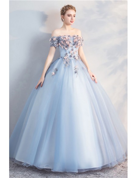 Off Shoulder Tulle Ballgown Party Prom Dress With Flowers