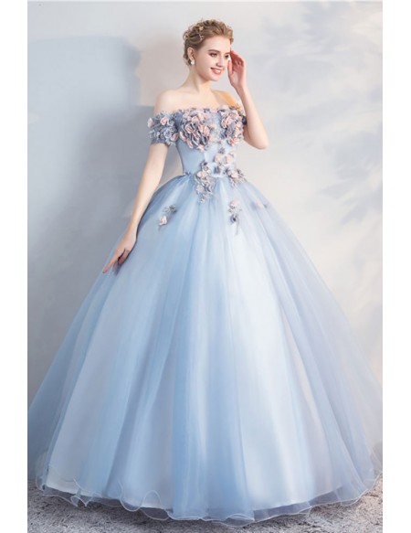 Off Shoulder Tulle Ballgown Party Prom Dress With Flowers