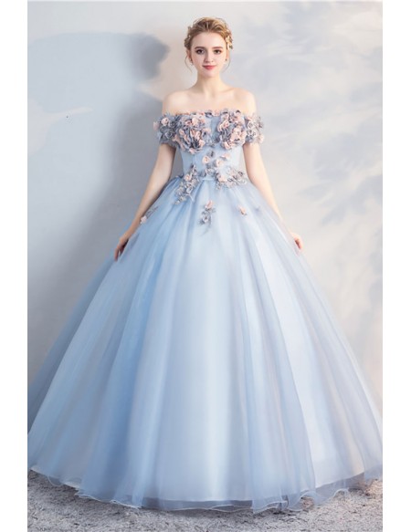 Off Shoulder Tulle Ballgown Party Prom Dress With Flowers