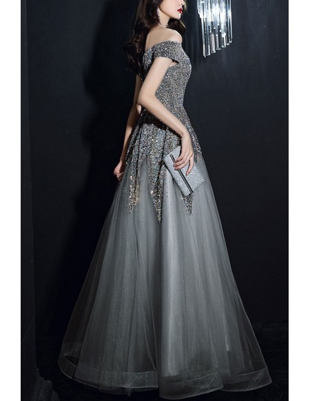 Silver Sequined Off Shoulder Long Prom Dress For Parties