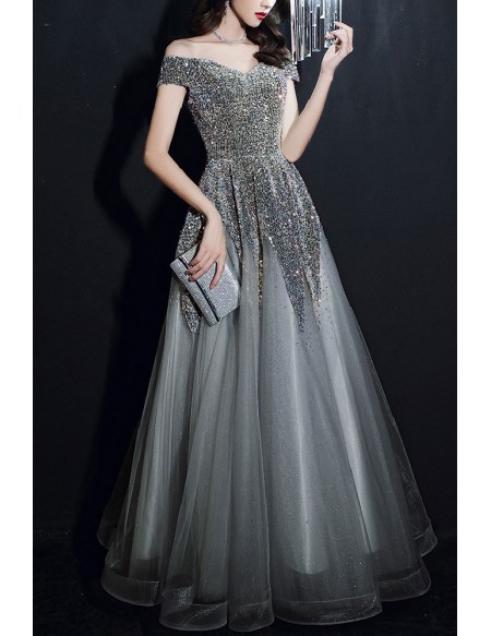 Silver Sequined Off Shoulder Long Prom Dress For Parties