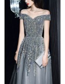 Silver Sequined Off Shoulder Long Prom Dress For Parties