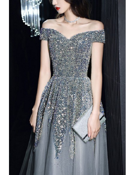 Silver Sequined Off Shoulder Long Prom Dress For Parties