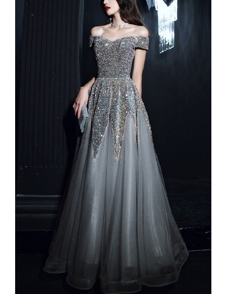 Silver Sequined Off Shoulder Long Prom Dress For Parties