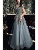 Silver Sequined Off Shoulder Long Prom Dress For Parties