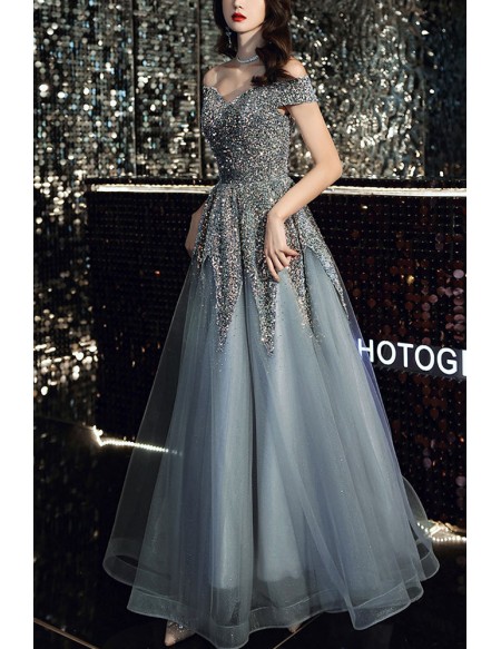 Silver Sequined Off Shoulder Long Prom Dress For Parties