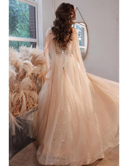 Goddess Champagne Bling Tulle Vneck Prom Dress With Tassel