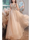 Goddess Champagne Bling Tulle Vneck Prom Dress With Tassel