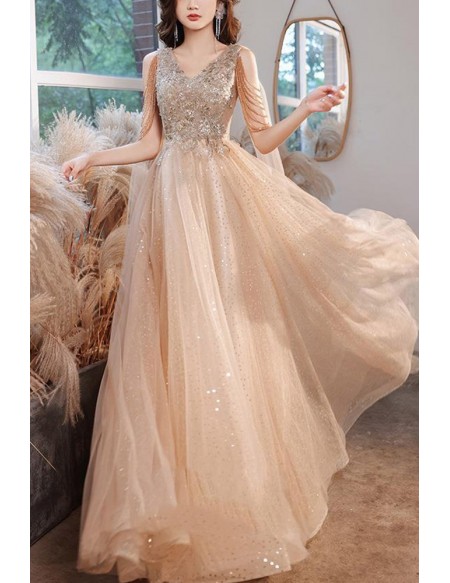 Goddess Champagne Bling Tulle Vneck Prom Dress With Tassel