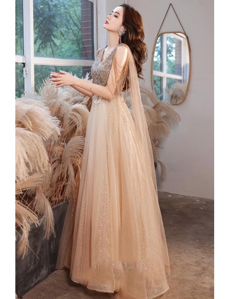Goddess Champagne Bling Tulle Vneck Prom Dress With Tassel