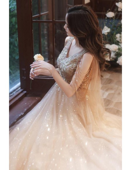Goddess Champagne Bling Tulle Vneck Prom Dress With Tassel
