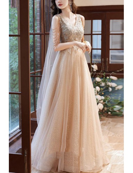 Goddess Champagne Bling Tulle Vneck Prom Dress With Tassel