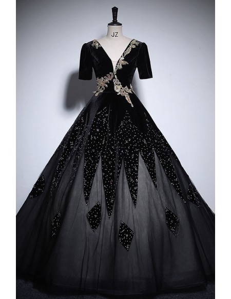 Black Formal Unique Ballgown Prom Dress With Sleeves