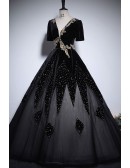 Black Formal Unique Ballgown Prom Dress With Sleeves