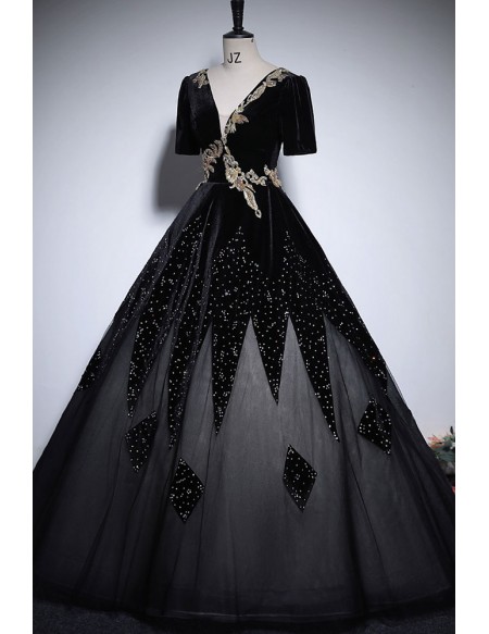Black Formal Unique Ballgown Prom Dress With Sleeves