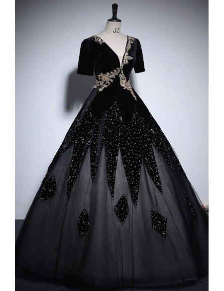 Black Formal Unique Ballgown Prom Dress With Sleeves
