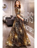 Black And Gold Sparkly Long Prom Dress With Sleeves